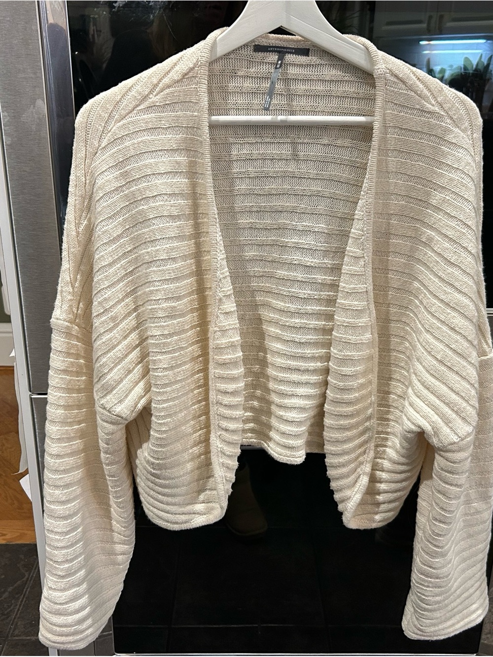 Anthropologie Cream Ribbed Open-Front Shrug